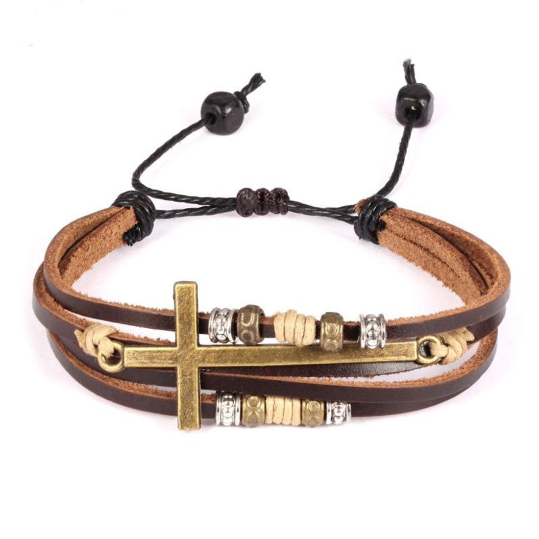 Bracciale pelle perline legno