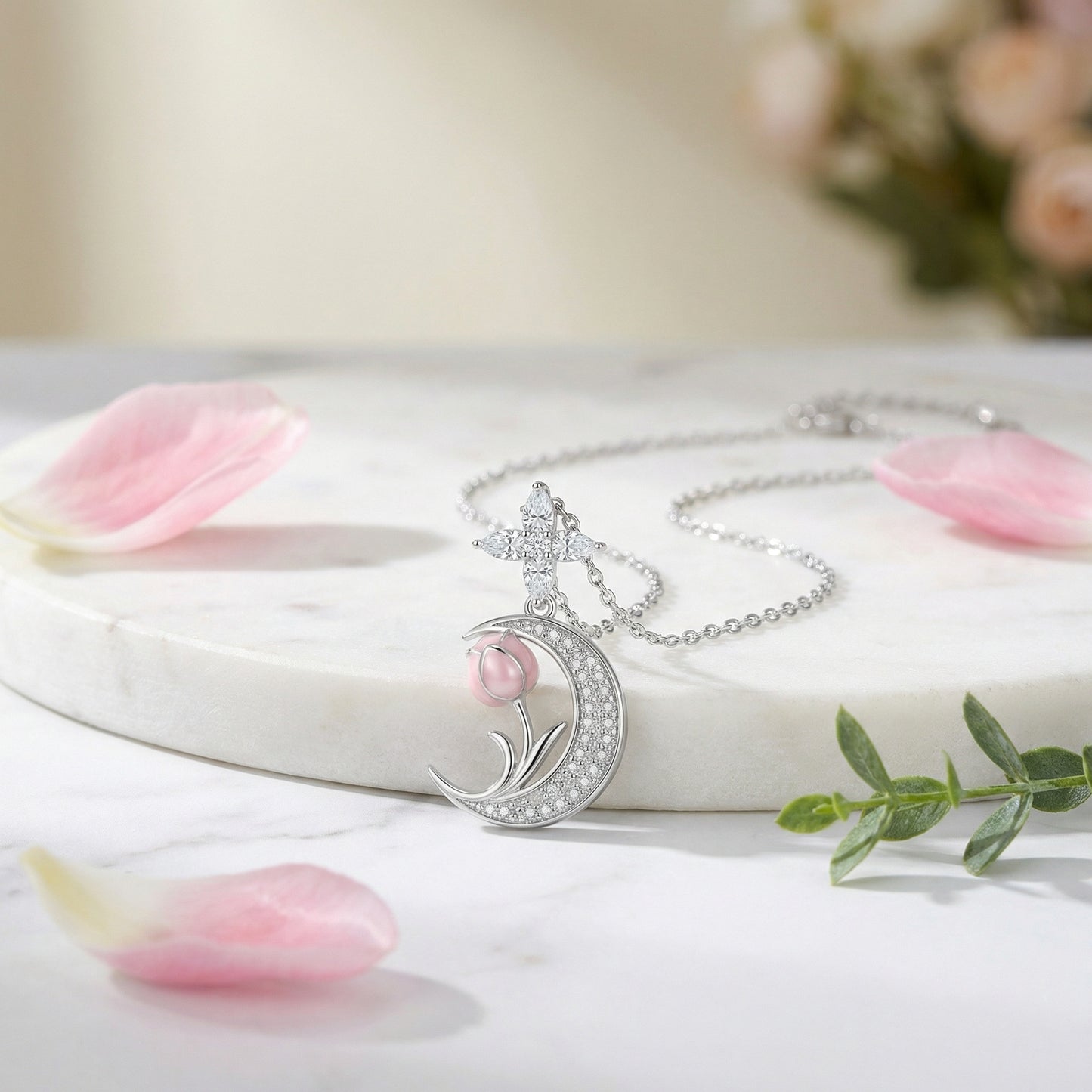 Collana falce di luna e tulipano rosa