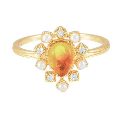 Anello argento dorato con fiore e ambra