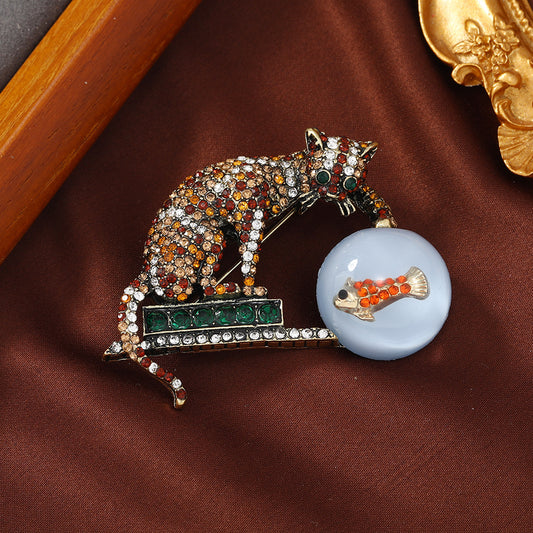 Spilla gatto pesce strass