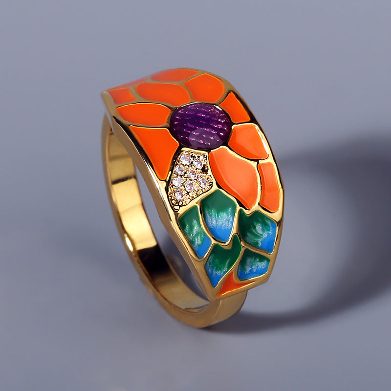 Anello fiore con smalto e strass