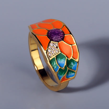 Anello fiore con smalto e strass
