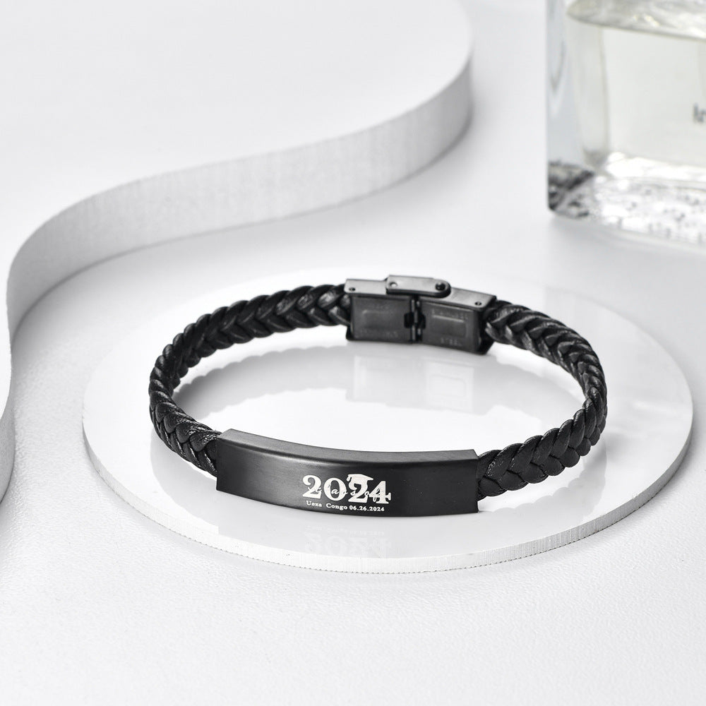 Bracciale pelle intrecciata acciaio titanio da uomo