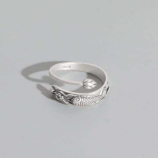 Anello argento stile cinese loto e carpa