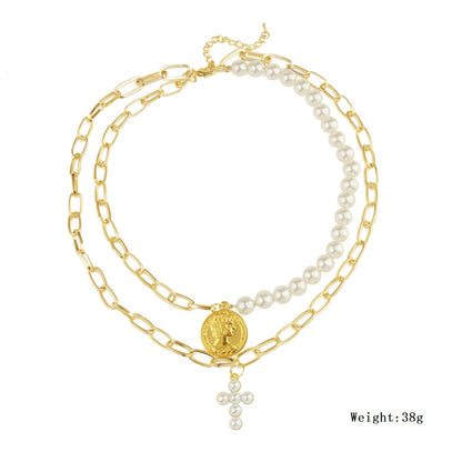 Collana perla naturale multifilo con moneta