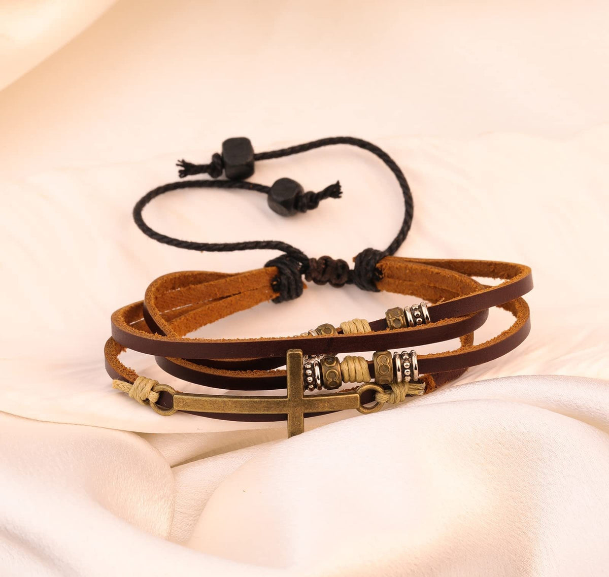 Bracciale pelle perline legno