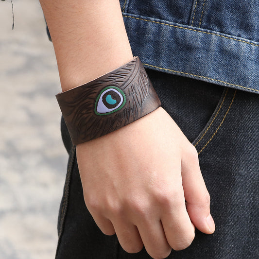 Bracciale pelle piuma pavone