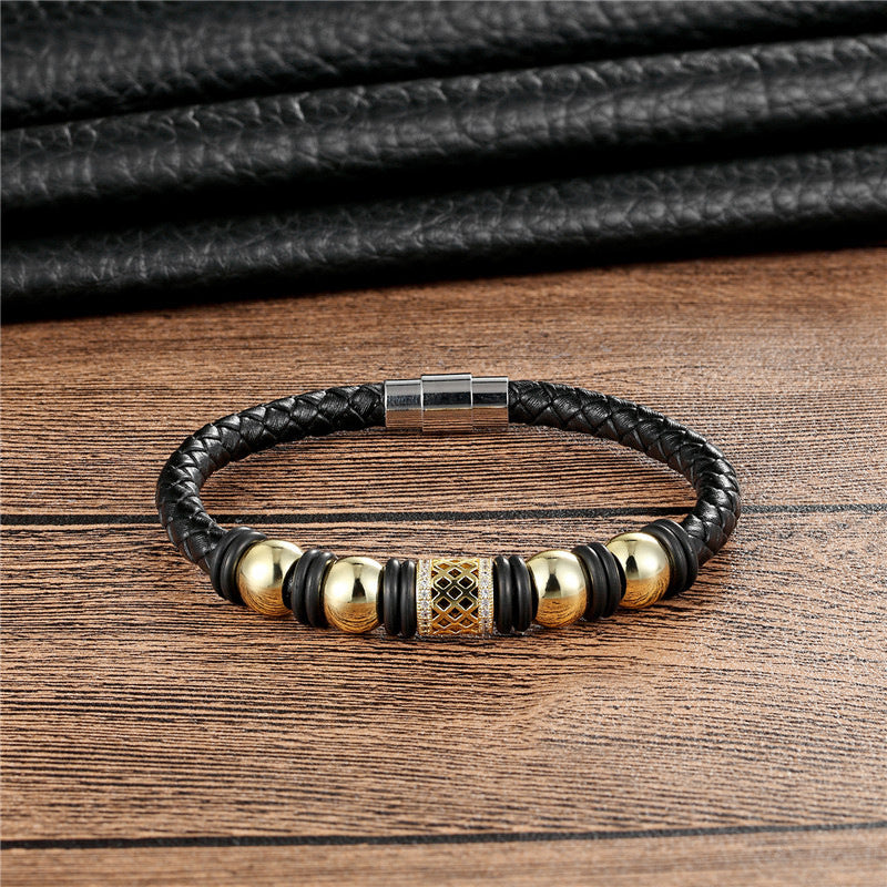 Bracciale pelle intrecciata e zirconi