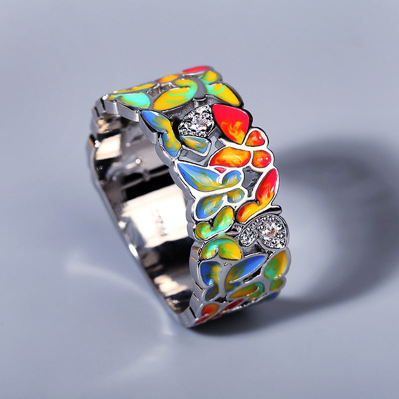 Anello fiore con smalto e strass