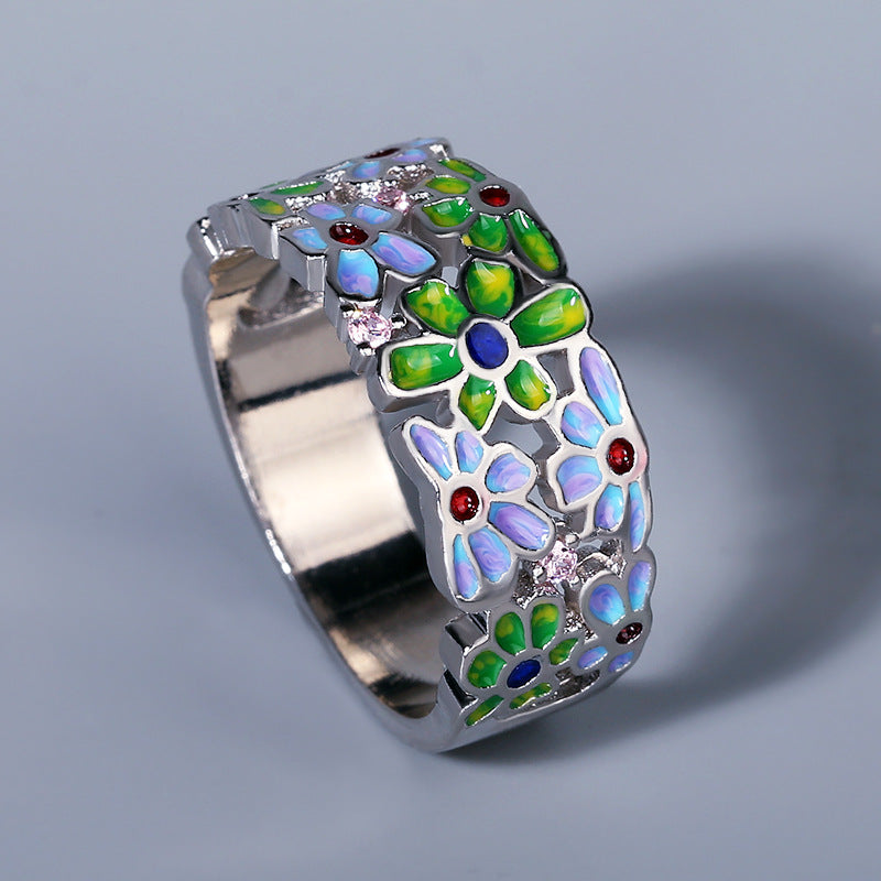 Anello fiore con smalto e strass
