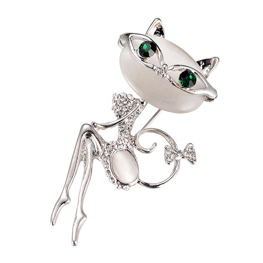 Spilla gatto con strass argento