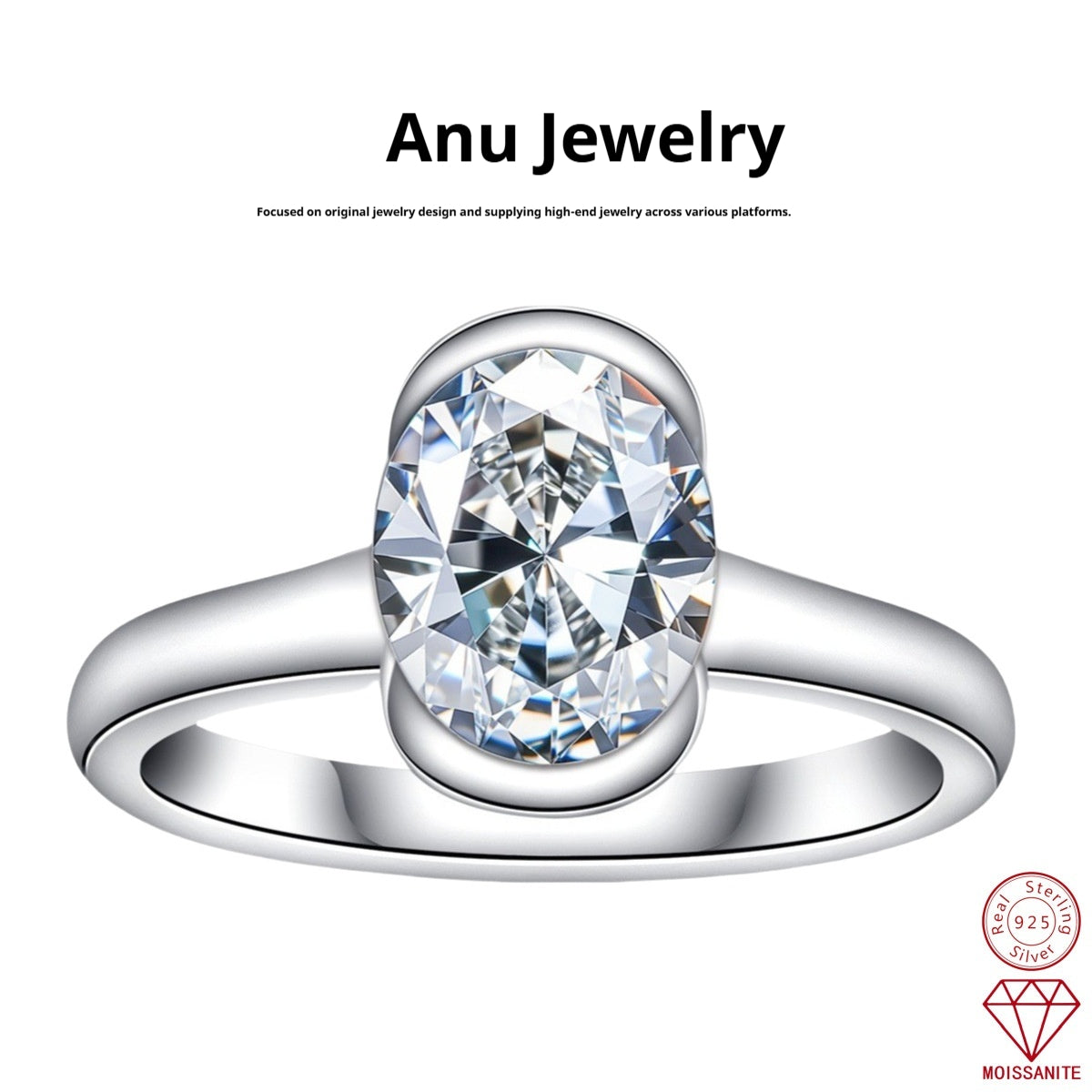 Anello argento moissanite ovale da donna