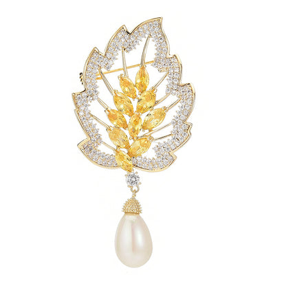 Spilla foglia perle con zirconi