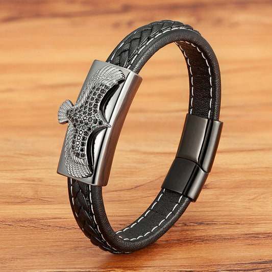 Bracciale pelle intrecciata aquila teschio
