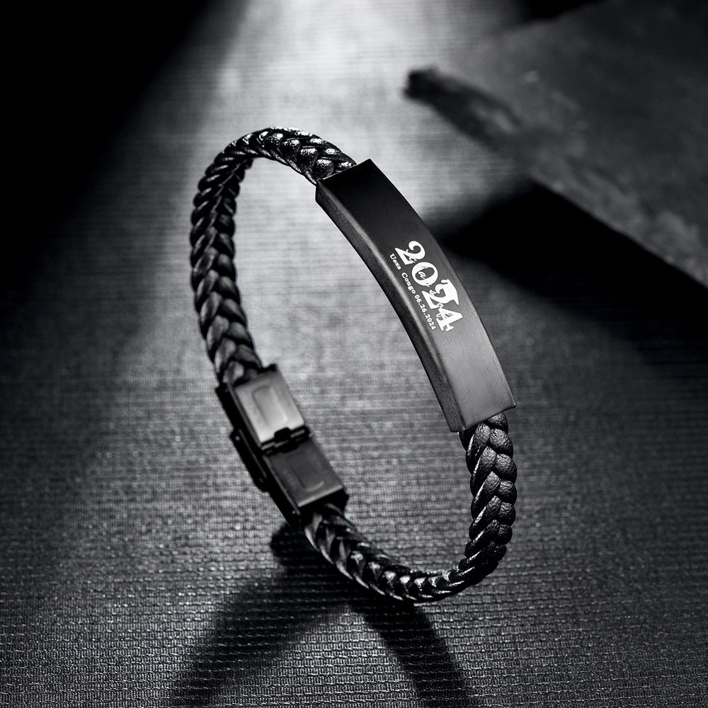 Bracciale pelle intrecciata acciaio titanio da uomo