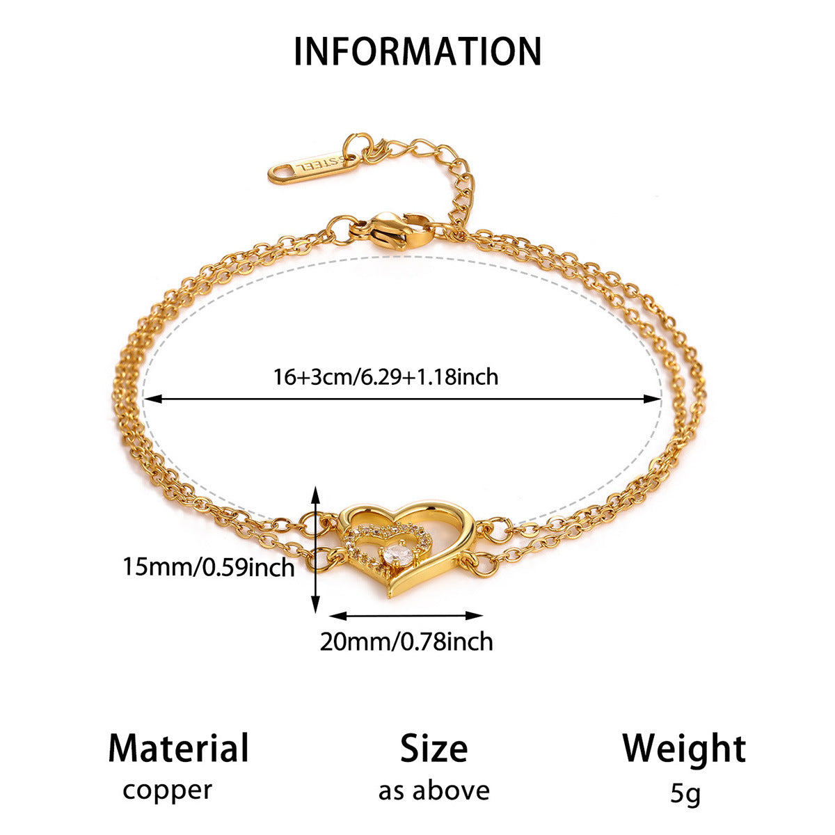 Bracciale cuore zirconi regolabile