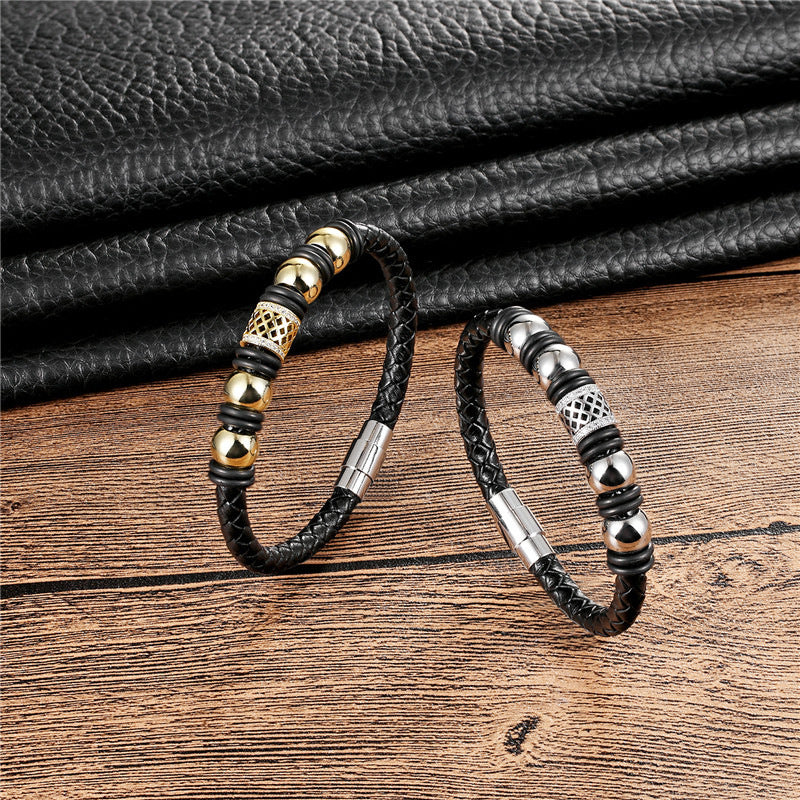 Bracciale pelle intrecciata e zirconi