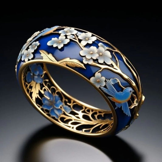 Anello smaltato fiori e uccelli