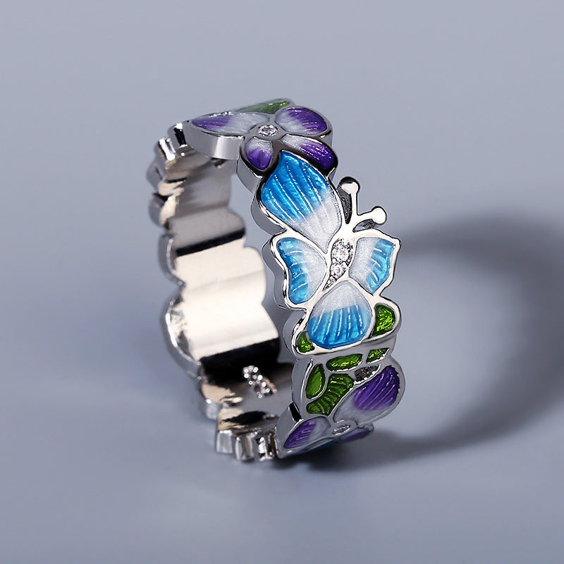 Anello fiore con smalto e strass