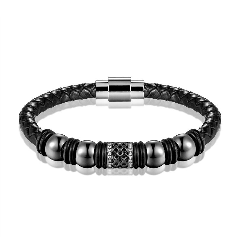 Bracciale pelle intrecciata e zirconi