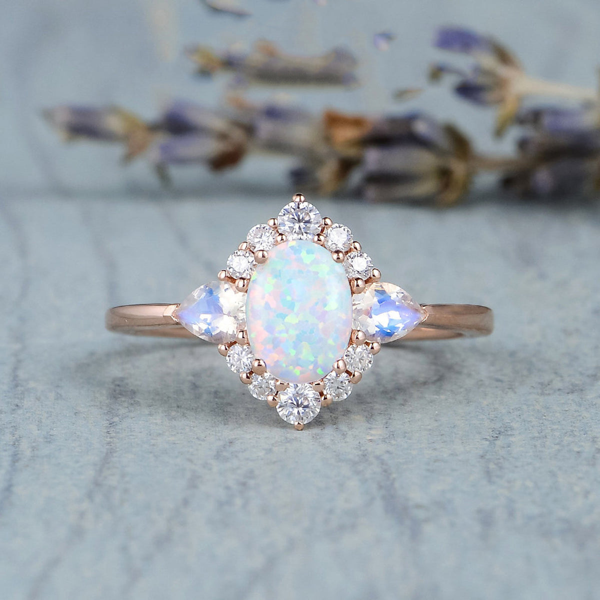 Anello opale e pietra di luna bronzo