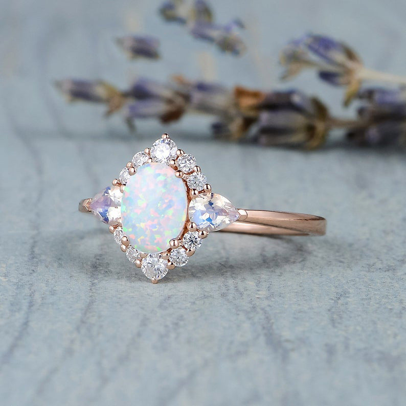 Anello opale e pietra di luna bronzo