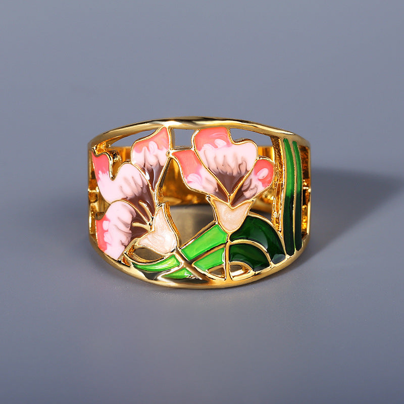 Anello fiore con smalto e strass