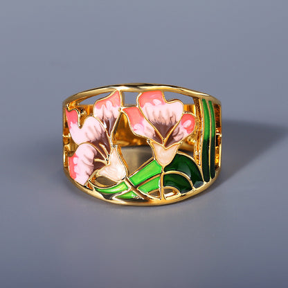 Anello fiore con smalto e strass
