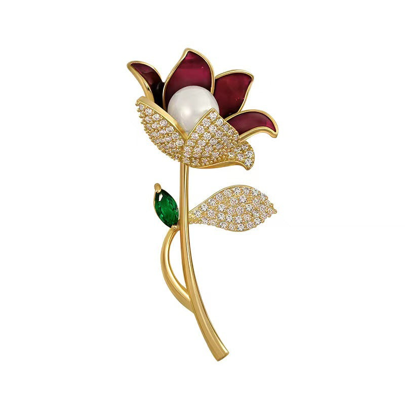 Spilla tulipano smaltata con perla