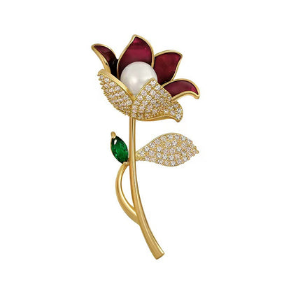 Spilla tulipano smaltata con perla