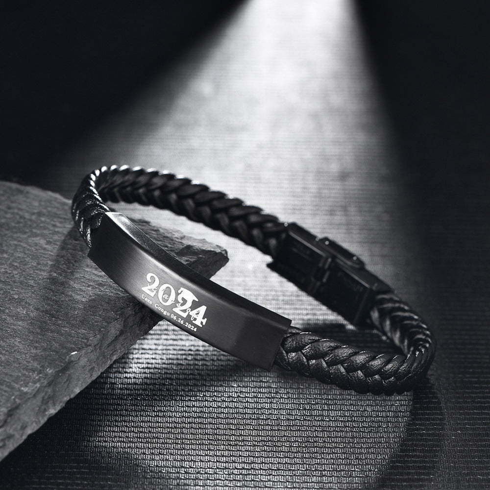 Bracciale pelle intrecciata acciaio titanio da uomo