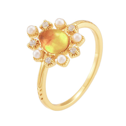 Anello argento dorato con fiore e ambra