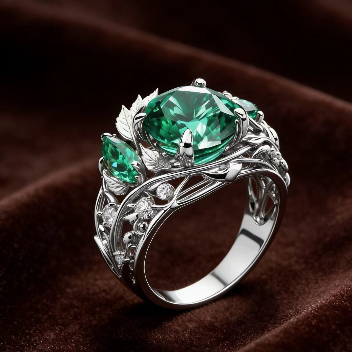 Anello smeraldo e diamanti con decoro floreale