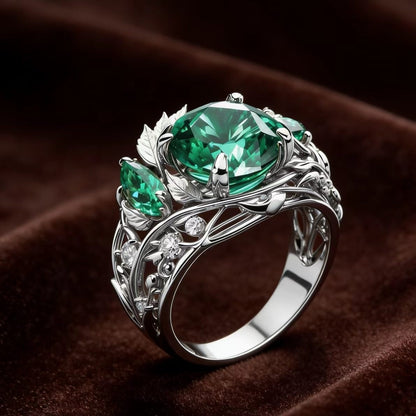 Anello smeraldo e diamanti con decoro floreale