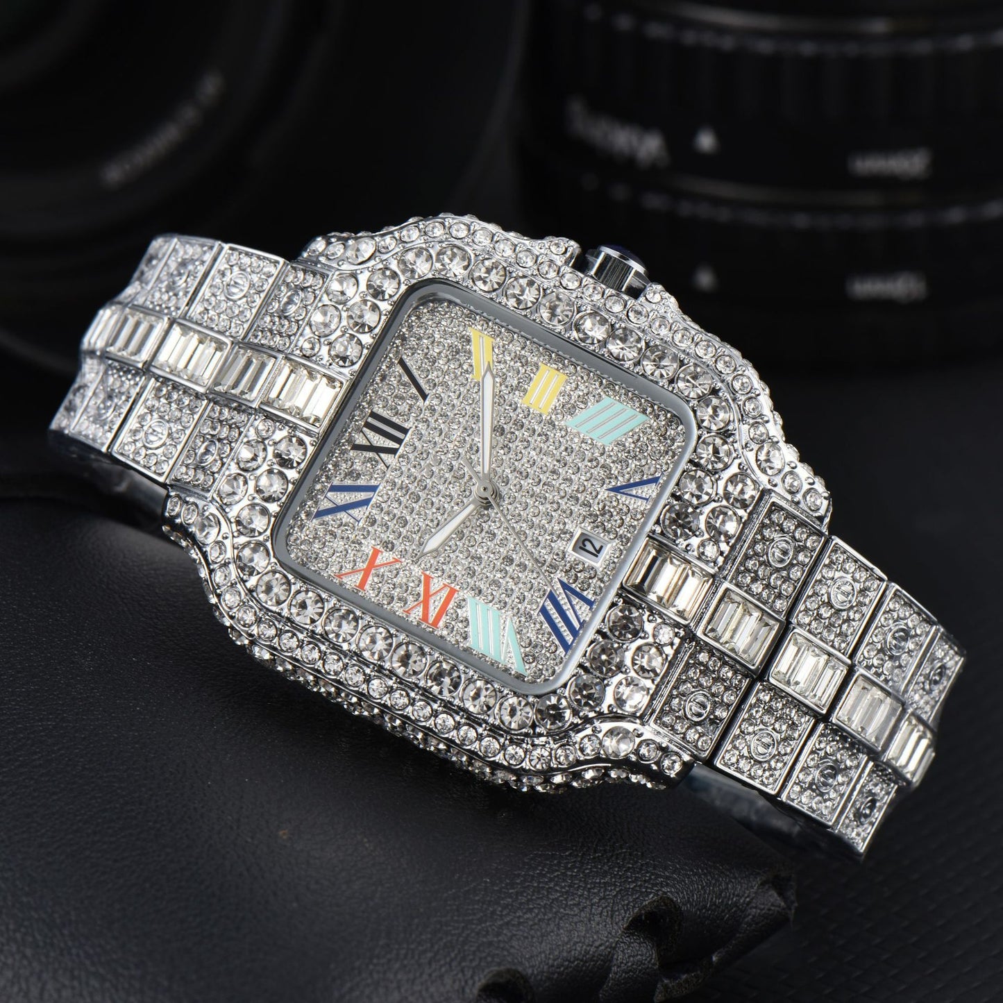 Orologio quadrato con cristalli da uomo