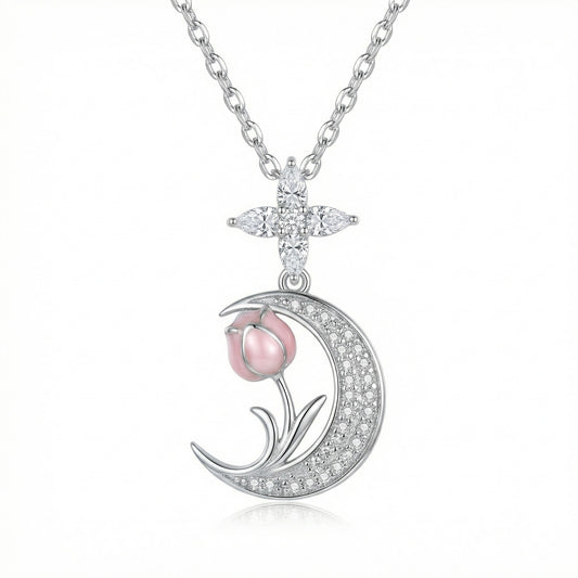 Collana falce di luna e tulipano rosa