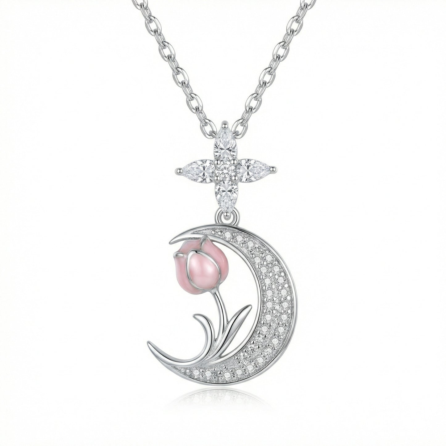 Collana falce di luna e tulipano rosa