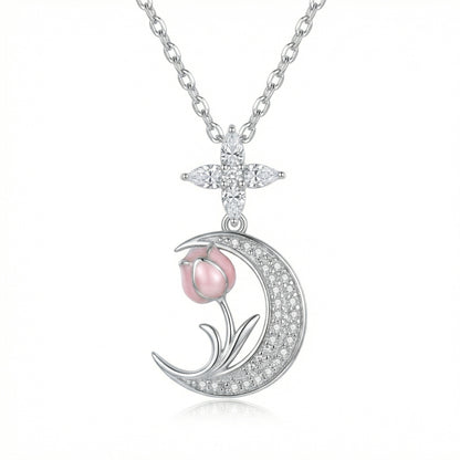 Collana falce di luna e tulipano rosa
