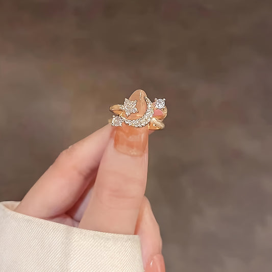 Anello stella e luna con strass