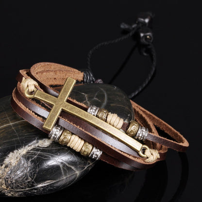 Bracciale pelle perline legno