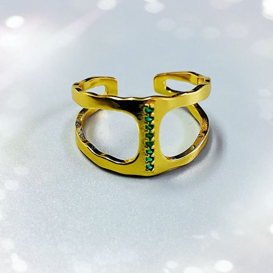 Anello geometrico aperto smeraldo e zircone