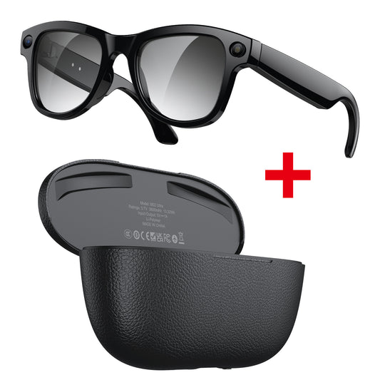Smart glasses con fotocamera e custodia di ricarica