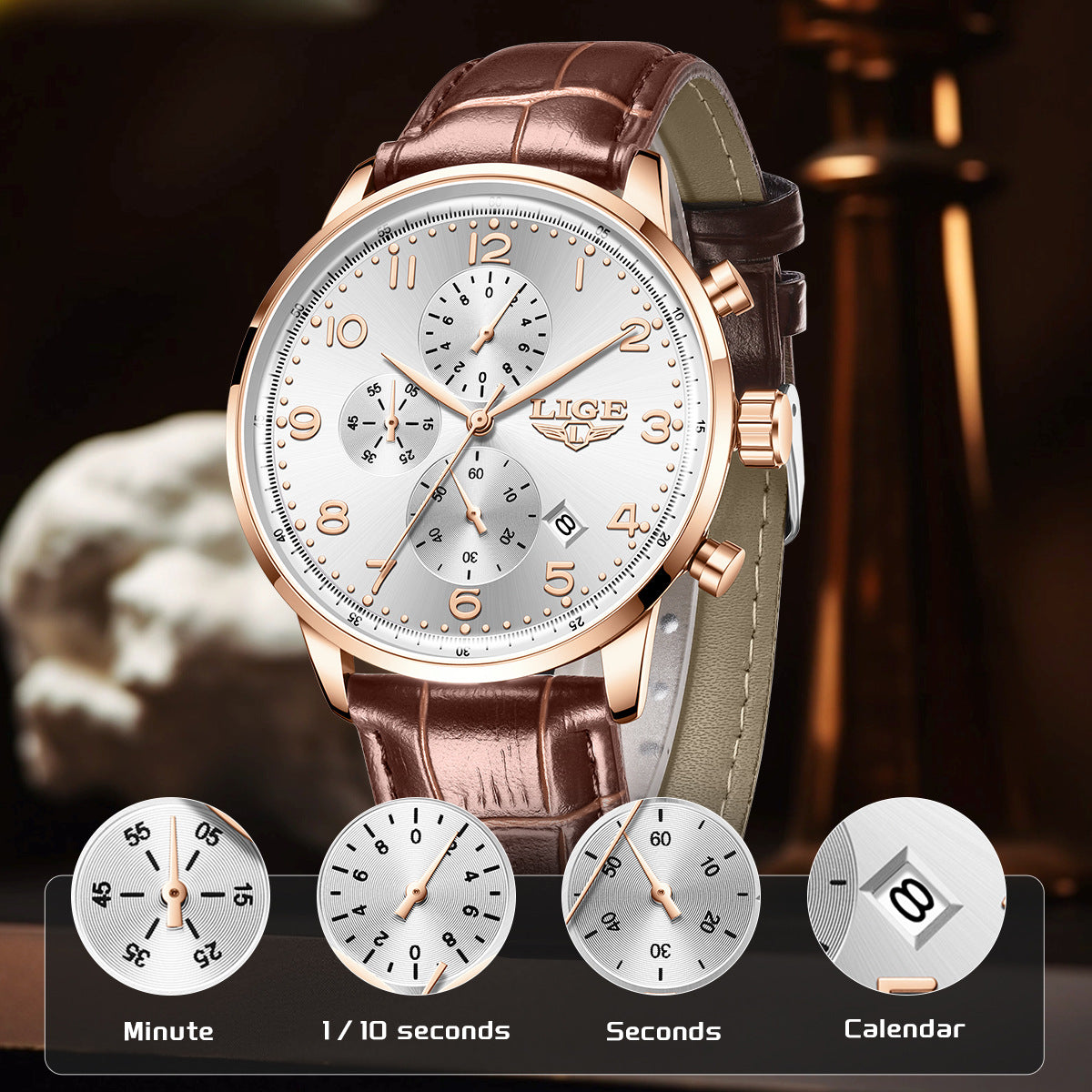 Orologio meccanico calendario con cinturino in pelle
